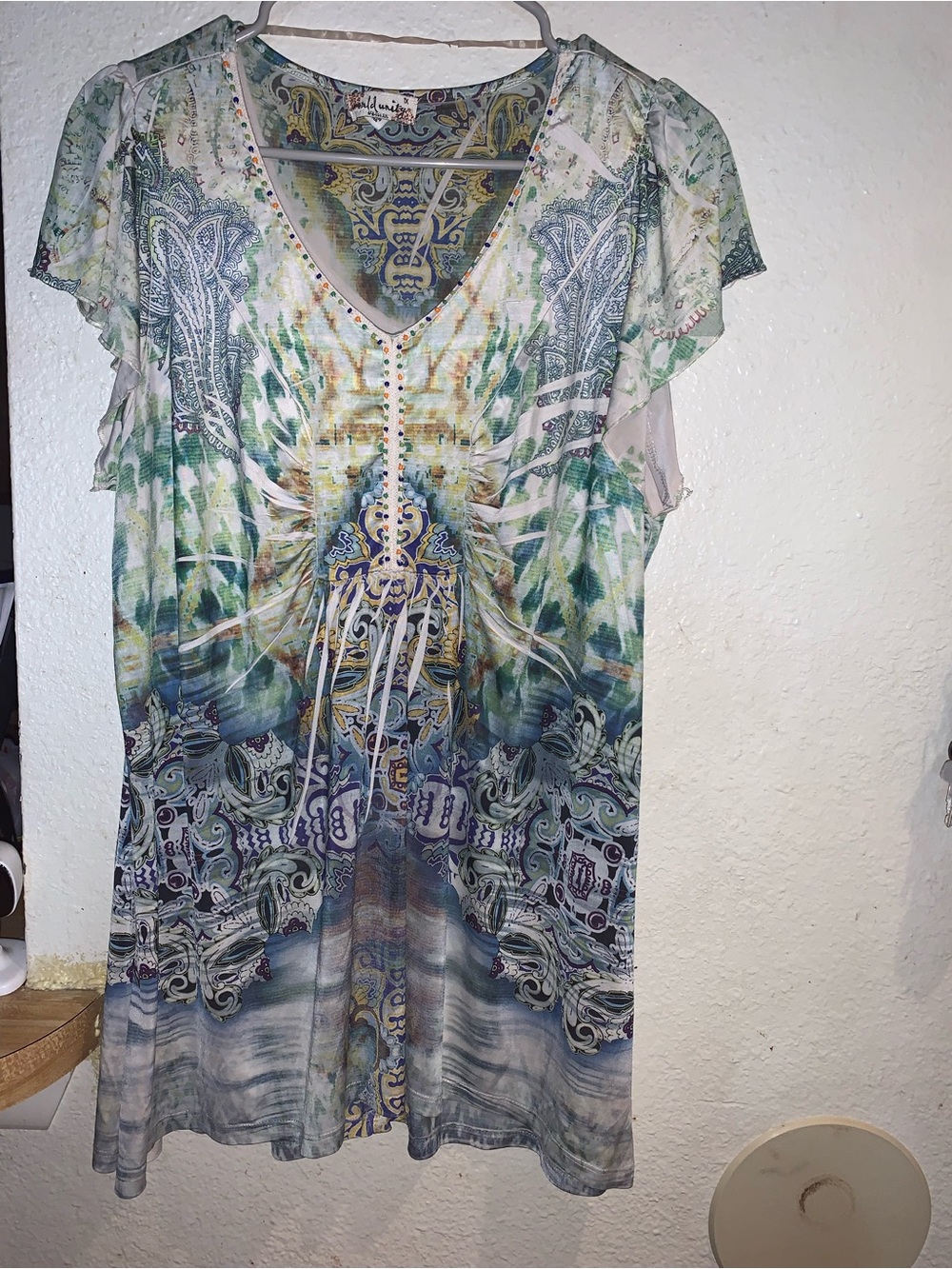 Women's V-Neck Printed Flutter Sleeve Blouse - Multi Green Blue